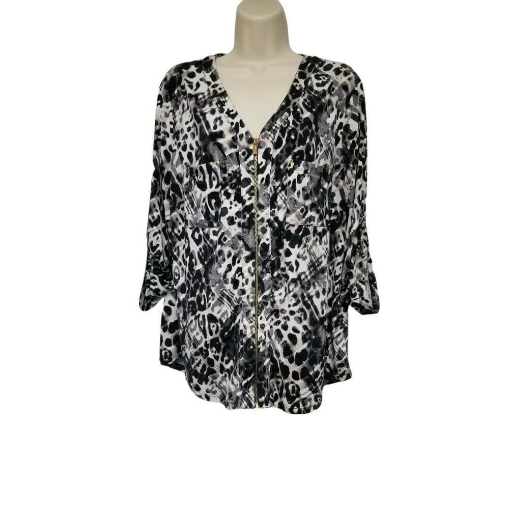 Ellen Tracy 3/4 Sleeve Leopard Print Casual V-Neck Blouse Size Large